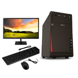 Assembled desktop PC setup with monitor, CPU tower, keyboard, and mouse.